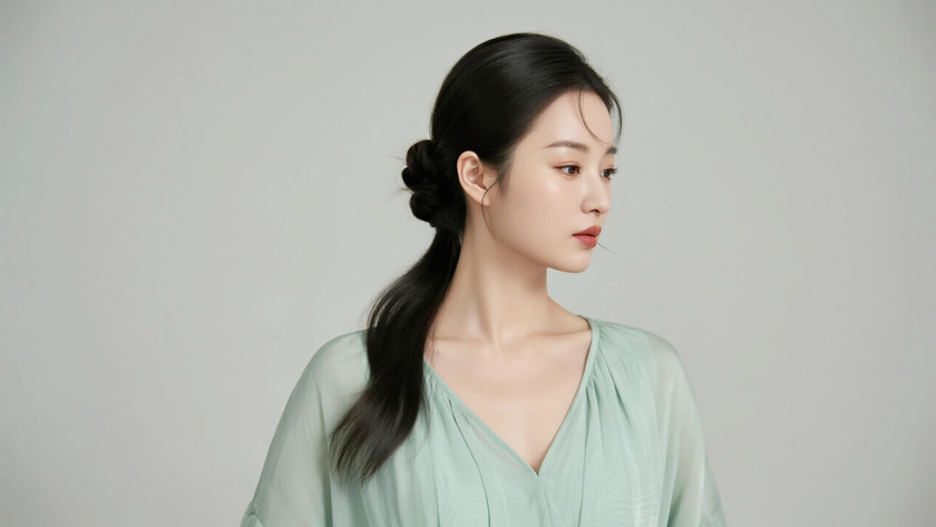 AI柔光清新治愈法式低盘长发温婉女生侧脸薄荷浅底,桌面壁纸