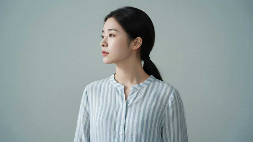 AI柔光清新治愈中分羊毛长卷发温柔女生侧脸雾蓝底色,桌面壁纸