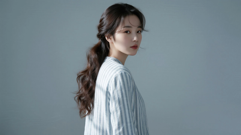 AI清新治愈模特穿搭雾灰蓝条纹棉麻衬衣裙淡然少女纯色背景,电脑壁纸