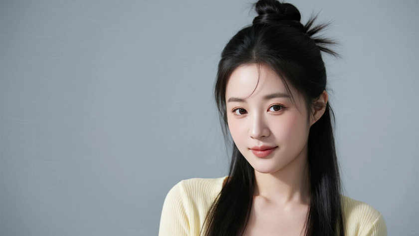 AI柔光清新治愈半扎丸子长发灵动女生侧脸浅杏底色，桌面壁纸