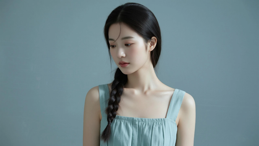 AI清新治愈模特穿搭浅青灰方领连衣裙素雅少女纯色背景,电脑壁纸