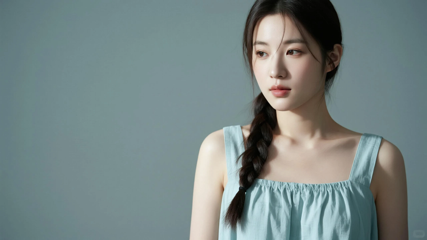 AI纯色极简清新治愈浅青灰安静素雅少女,无水印壁纸