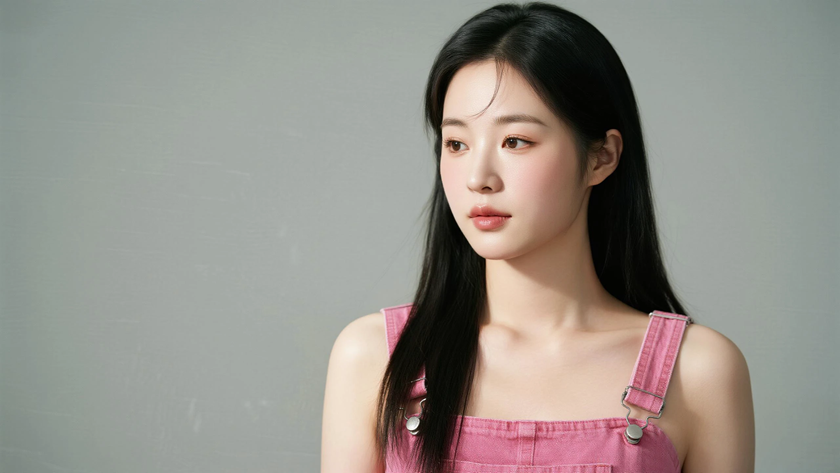 AI柔光清新治愈顺滑黑长直发干净女生侧脸蜜桃底色，桌面壁纸