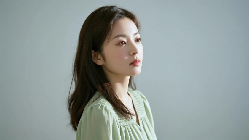 AI清新治愈模特穿搭浅苔绿泡泡袖棉绸小衫清爽少女纯色背景,电脑壁纸