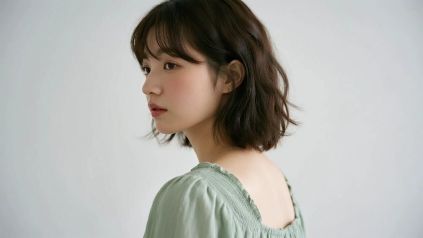 AI柔光清新治愈低层次蓬松中长发柔和女生侧脸苔绿底色,桌面壁纸