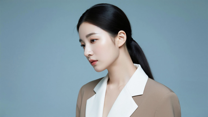 AI柔光清新治愈顺直低马尾长发干净女生侧脸奶白棕底，桌面壁纸