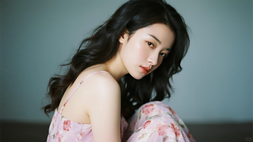 AI柔光清新治愈羊毛外翻长卷发柔媚女生侧脸藕荷底色，桌面壁纸