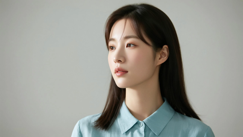 AI柔光清新治愈内扣锁骨长发清雅女生侧脸湖青底色,桌面壁纸