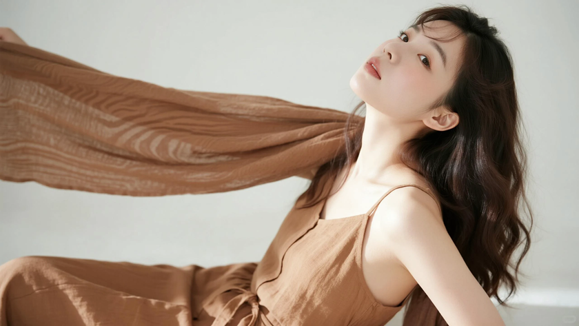 AI柔光清新治愈水波纹披肩长卷发温柔女生侧脸焦糖底色，桌面壁纸