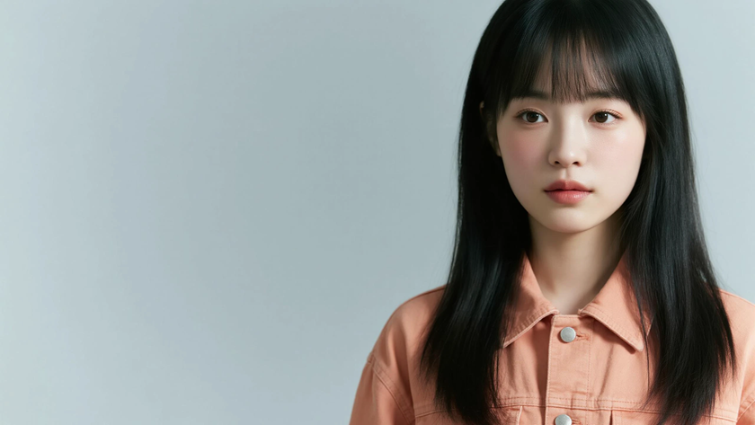 AI清新治愈模特穿搭浅橘杏工装长款衬衫随性少女纯色背景，电脑壁纸