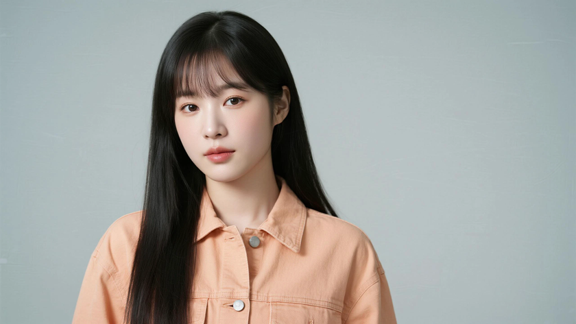 AI柔光清新治愈空气刘海黑长直发元气女生侧脸橘杏底色，桌面壁纸