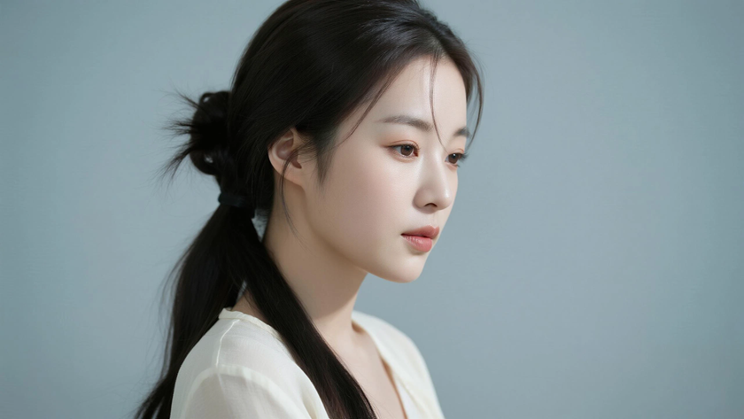 AI纯色极简清新治愈米白纯净恬淡少女，无水印壁纸