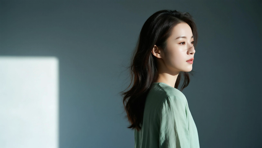 AI柔光清新治愈中分柔顺微卷长发清雅女生侧脸墨绿底色,桌面壁纸