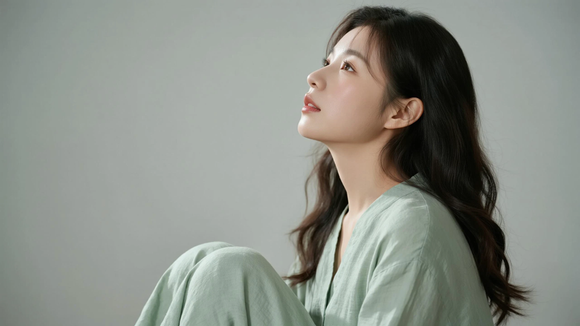 AI清新治愈模特穿搭浅墨绿阔腿棉麻套装松弛少女纯色背景,电脑壁纸