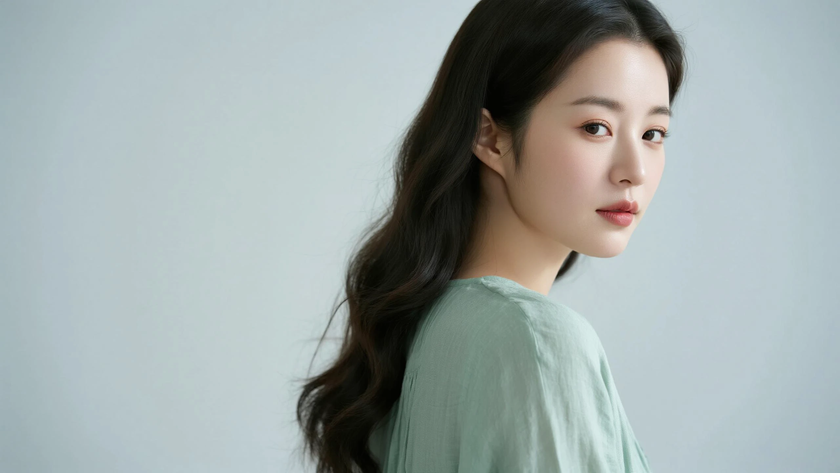 AI纯色极简清新治愈浅墨绿淡然松弛少女,无水印壁纸