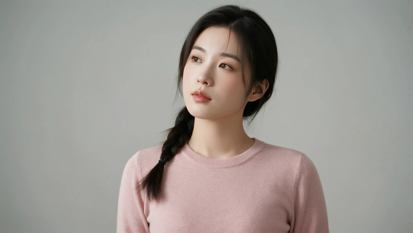 AI清新治愈模特穿搭淡豆沙粉圆领针织小衫温柔少女纯色背景，电脑壁纸