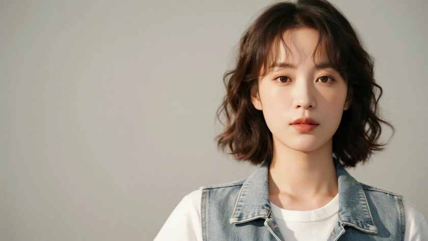 AI浅冷柔光清新治愈牛仔马甲挺括休闲叠穿质感女生,高清壁纸