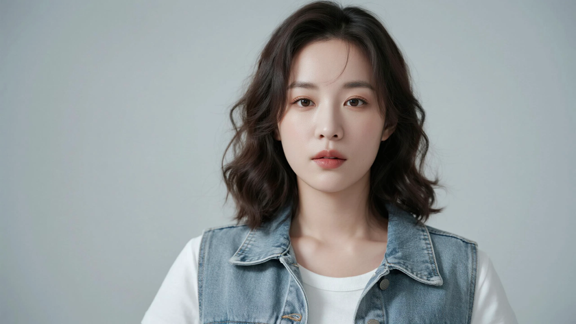 AI柔光清新治愈法式蓬松及背慵懒卷发柔和女生侧脸灰蓝底色,桌面壁纸