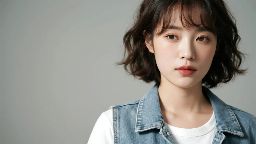 AI纯色极简清新治愈浅灰蓝清甜休闲少女,无水印壁纸
