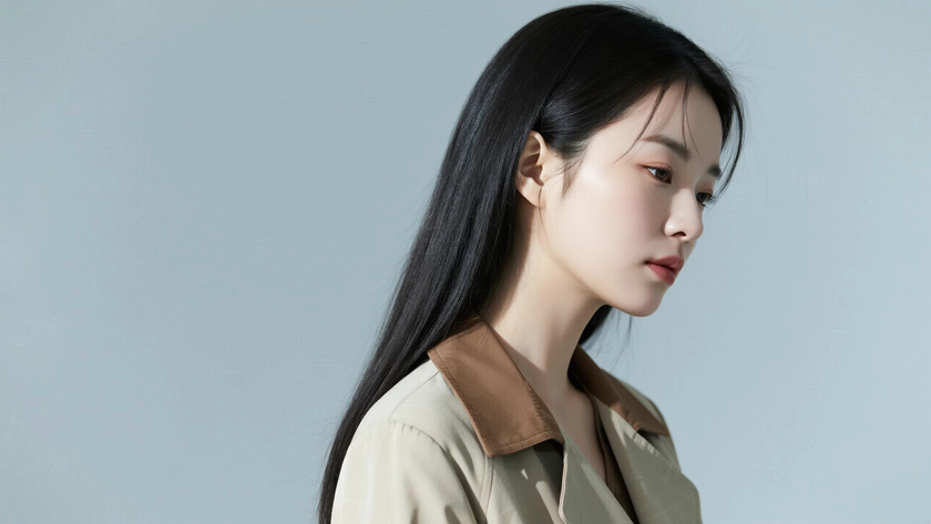 AI纯色极简清新治愈奶杏撞棕慵懒温柔少女，无水印壁纸