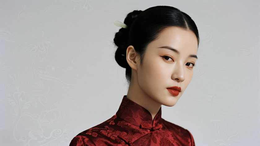 AI中式复古美人暗红织锦缎旗袍正面纯色背景电脑壁纸