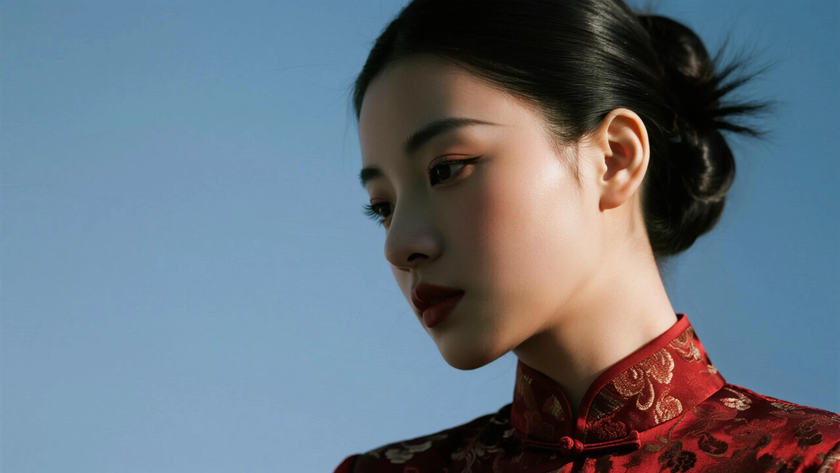 AI氛围感复古女生温婉挽髻侧脸暗红底色桌面壁纸
