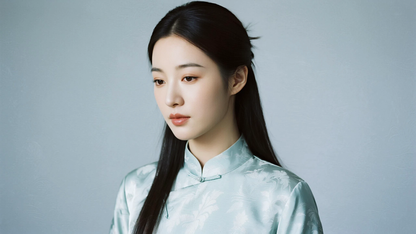 AI中式复古美人浅青暗纹丝绸长裙正面纯色电脑壁纸