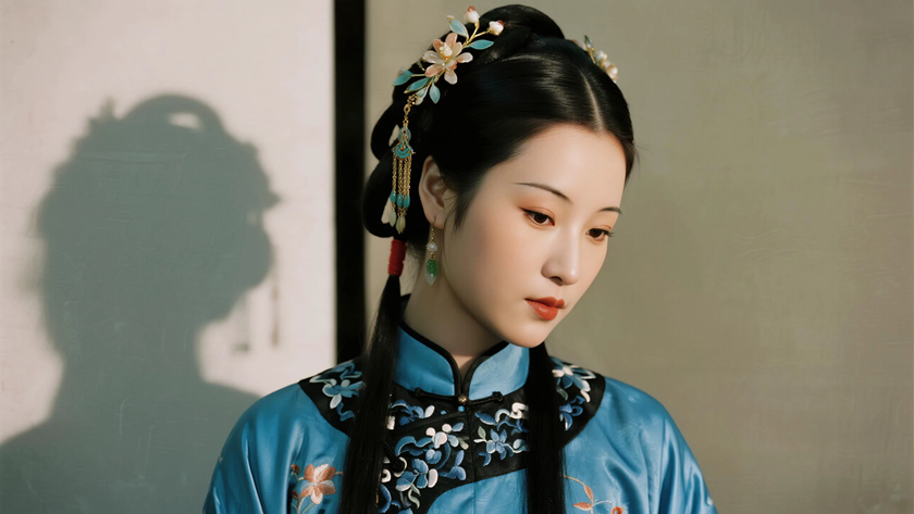 AI氛围感簪花古典发髻女生宝蓝底色复古桌面壁纸