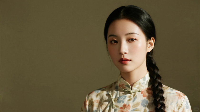 AI中式复古美人棉麻碎花长裙正面纯色电脑壁纸