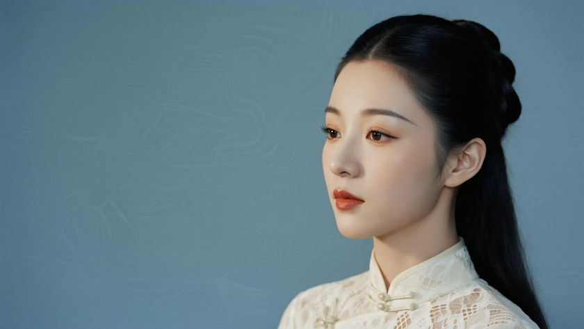 AI中式复古美人米白蕾丝镂空旗袍纯色电脑壁纸