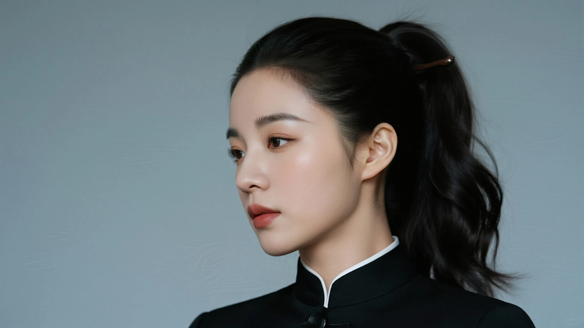 AI高马尾微卷长发飒爽复古女生中性底色桌面壁纸