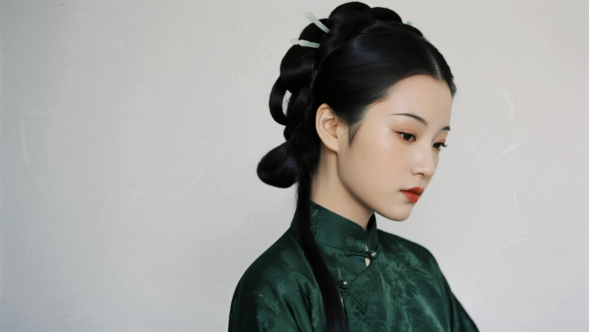 AI中式复古美人墨绿织锦马面裙纯色电脑壁纸