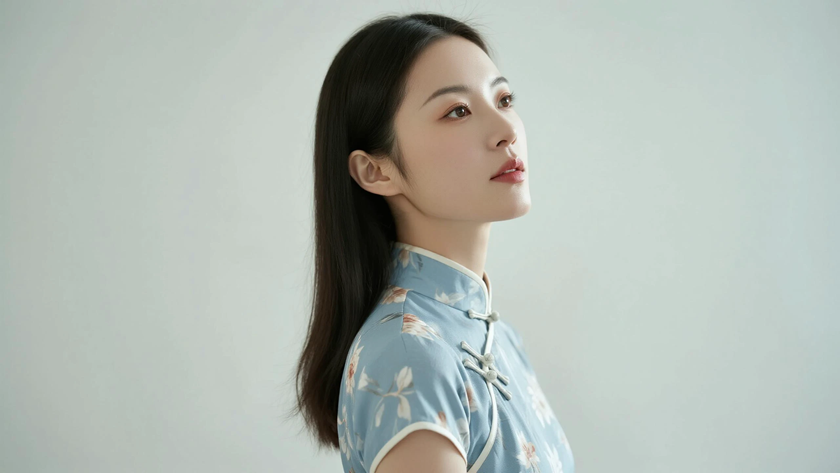 AI中式复古美人浅蓝碎花旗袍纯色留白电脑壁纸