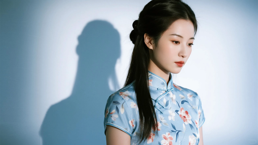 AI自然松散垂落长发淡雅女生浅蓝底色桌面壁纸