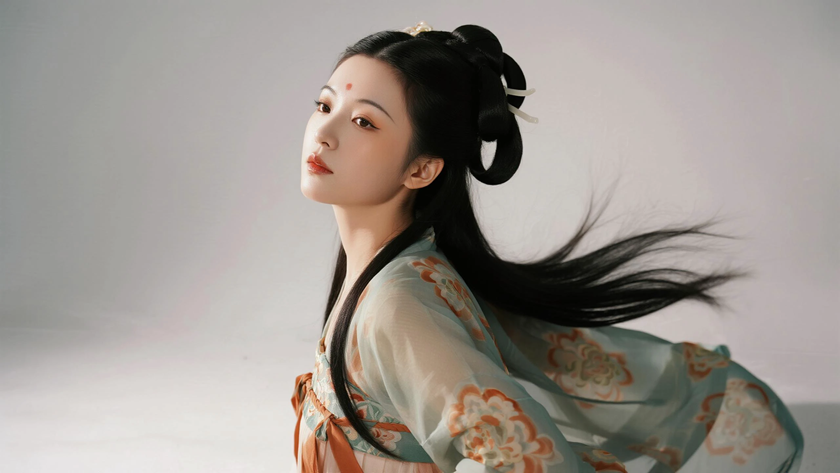 AI中式复古美人敦煌印花长裙纯色电脑壁纸