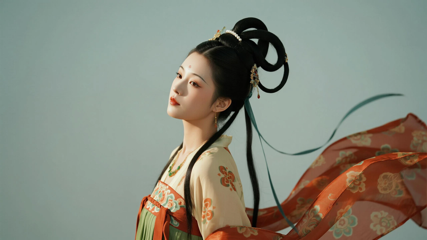 AI古风飞天髻飘逸长发女生敦煌浅底色桌面壁纸