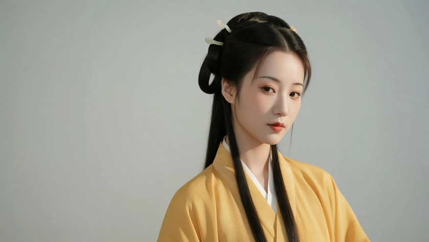 AI中式复古美人明黄改良汉服纯色电脑壁纸