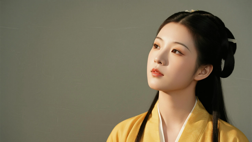 AI少女垂鬟分肖髻明艳女生明黄浅底桌面壁纸