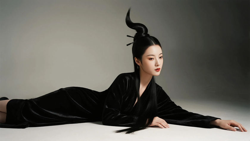 AI中式复古美人黑色丝绸长裙纯色电脑壁纸