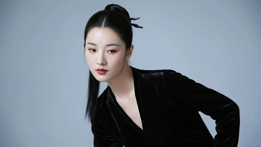 AI古风锥形高髻神秘女生纯黑浅底色桌面壁纸