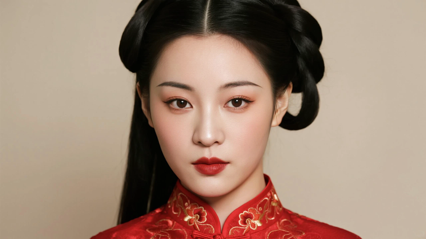 AI中式复古美人红色刺绣旗袍纯色电脑壁纸