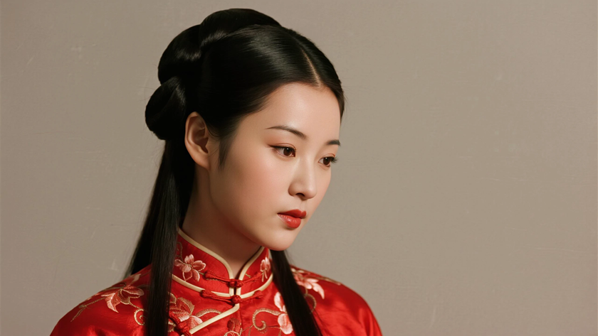 AI古风元宝盘发喜庆女生正红浅底桌面壁纸