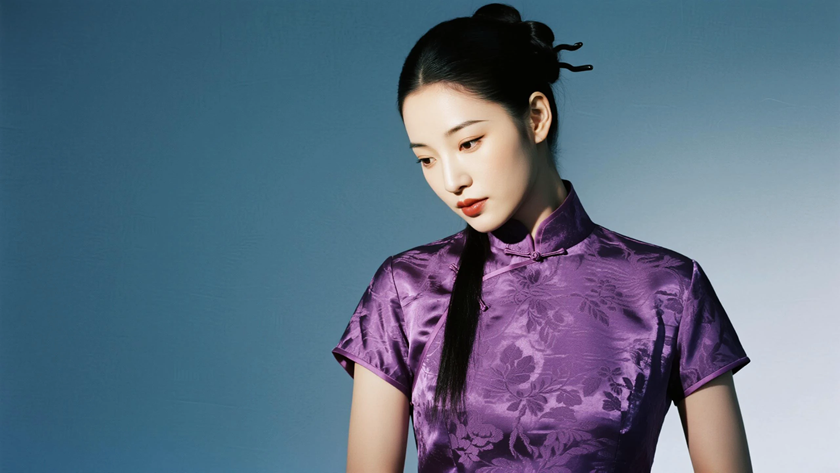 AI中式复古美人紫色丝绸旗袍纯色留白电脑壁纸