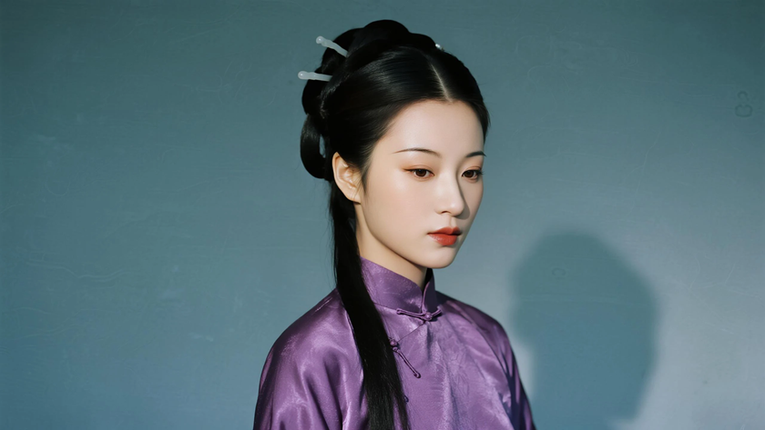 AI古风倭堕柔婉发髻华贵女生紫调浅底桌面壁纸