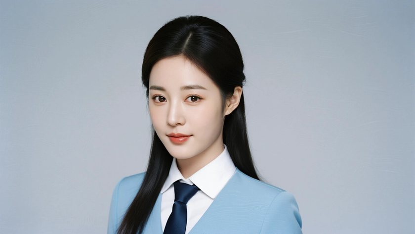 AI氛围感中分垂肩长直发女生浅蓝底色桌面壁纸