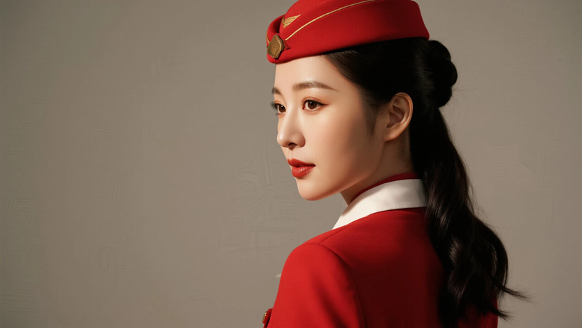 AI空乘气质美女红色空乘制服纯色留白电脑壁纸