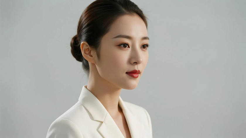 AI挽髻盘发女生柔和侧脸米白底色桌面壁纸