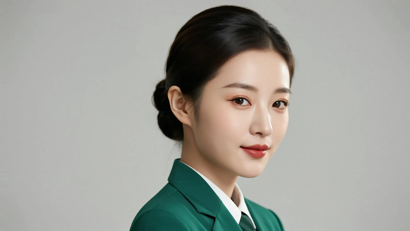 AI优雅挽起长发女生，侧脸墨绿底色桌面壁纸