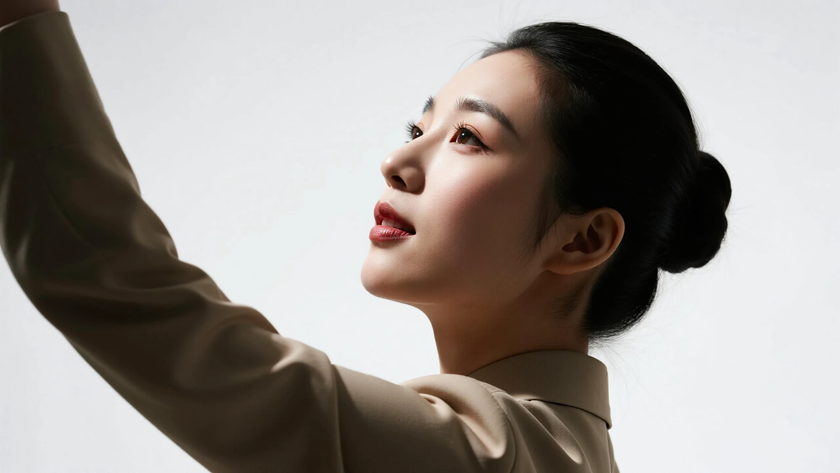 AI长发挽起盘发女生米咖侧脸底色桌面壁纸