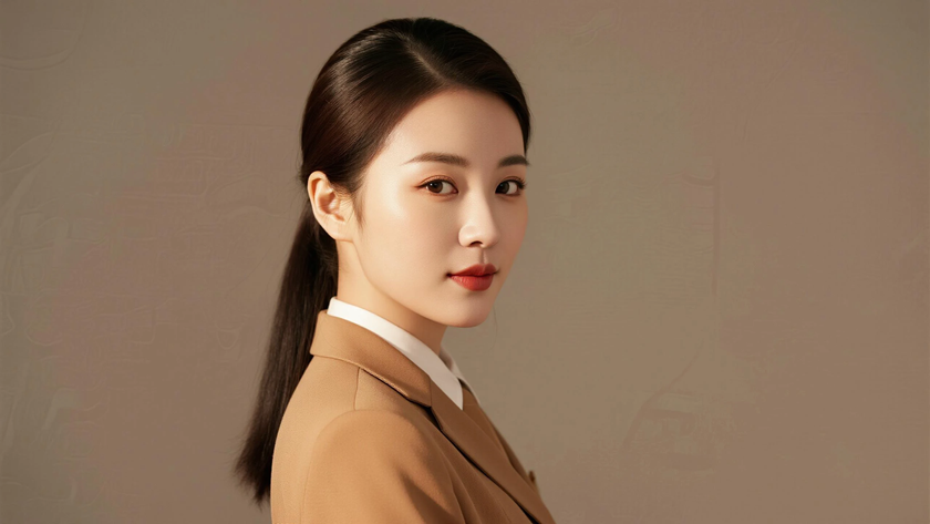AI侧分垂肩长直发女生驼色底色桌面壁纸